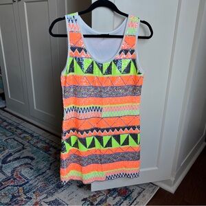 Verty Neon Sequin Geometric Tribal Print Sleeveless Mini Dress size medium